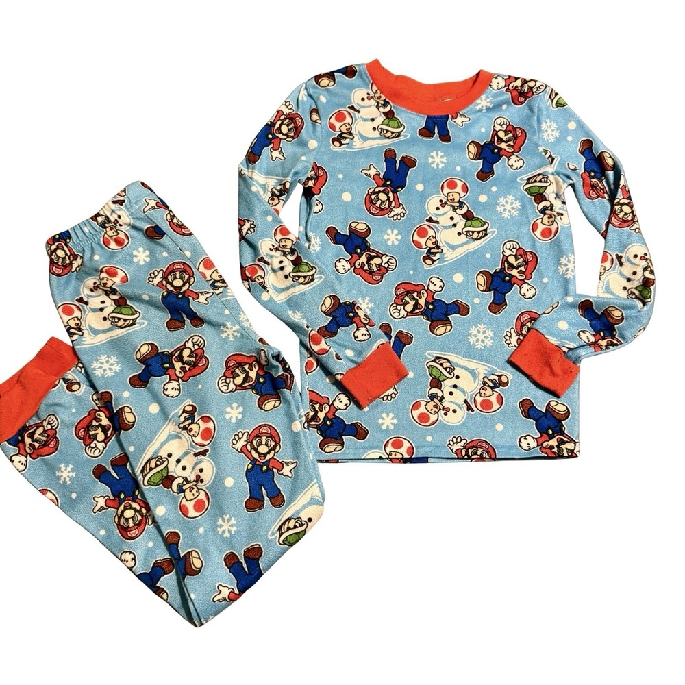 Super Mario Boys Pajama Set Size 10 Snug Fit Long Sleeve Top & Pants Winter Snow